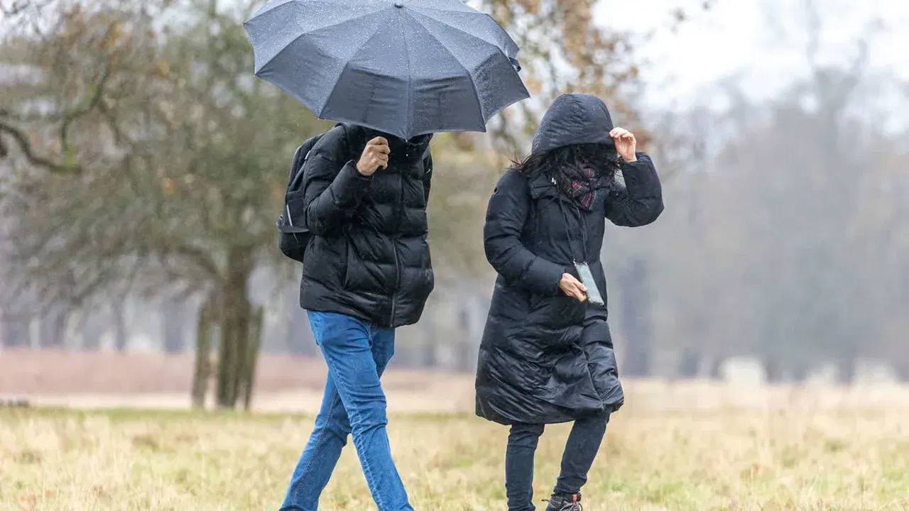 Două persoane merg prin ploaie și vânt, protejate de o umbrelă și glugi