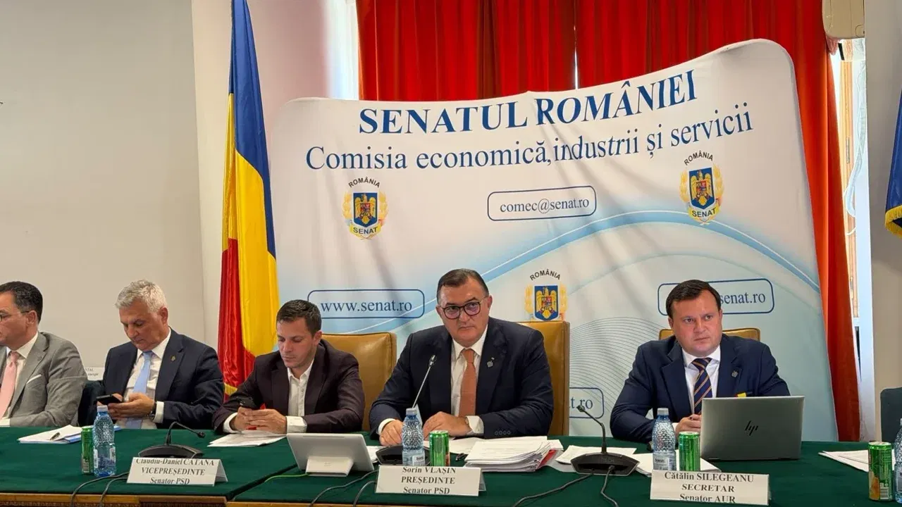 Membri ai Comisiei economice a Senatului, la masa de ședință, în timpul unei reuniuni